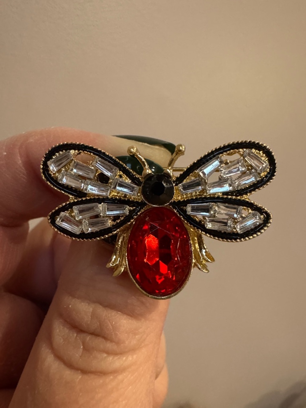 Gold Bee Brooch with Red Crystal Body and Clear Wing Accents